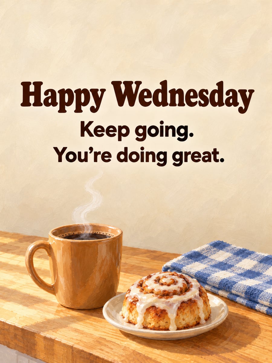 Happy Wednesday greeting image: mug of coffee and a cinnamon roll on a sunny butcher-block counter. It says “Happy Wednesday” and “Keep going. You’re doing great.”
