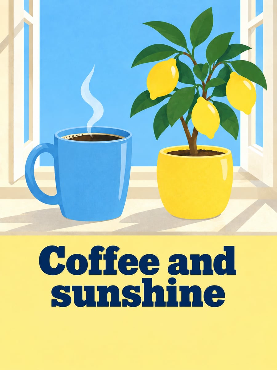 Happy Wednesday greeting image: plain mug of coffee on a sunny windowsill beside a potted lemon tree. It says “Coffee and sunshine”