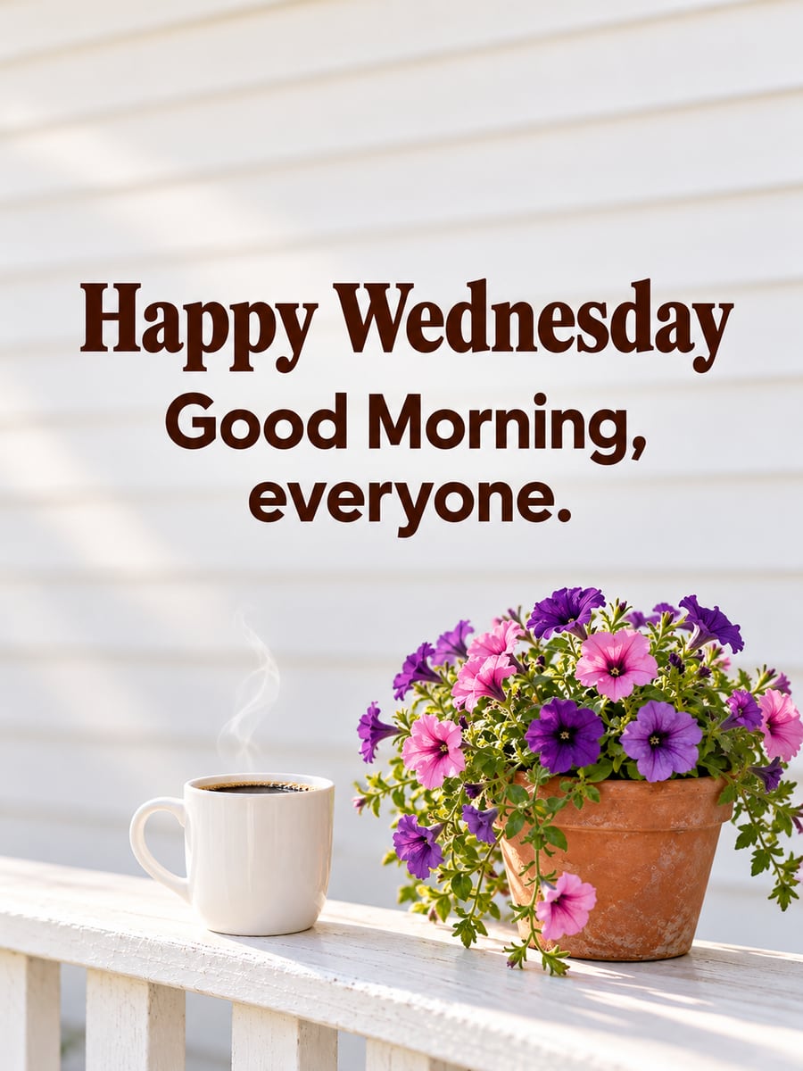 Happy Wednesday greeting image: plain white mug of coffee on a porch rail beside a pot of petunias. It says “Happy Wednesday” and “Good Morning, everyone.”