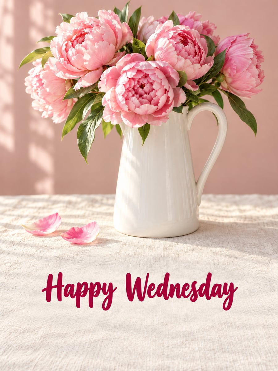Happy Wednesday greeting image: pink peonies in a white ceramic pitcher on a sunny kitchen table. It says “Happy Wednesday”