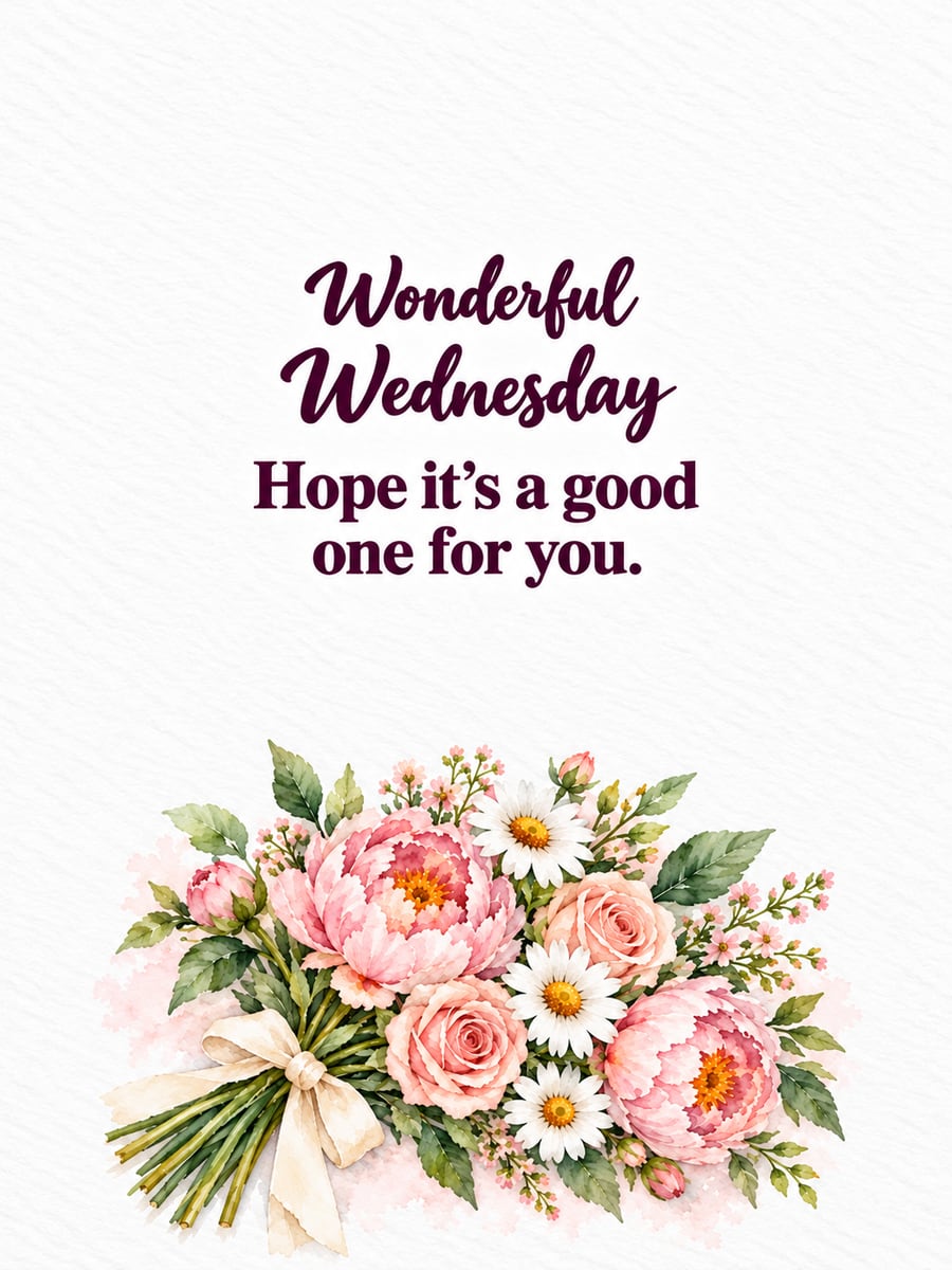 Happy Wednesday greeting image: loose bouquet of peonies, garden roses and daisies tied with a ribbon. It says “Wonderful Wednesday” and “Hope it’s a good one for you.”