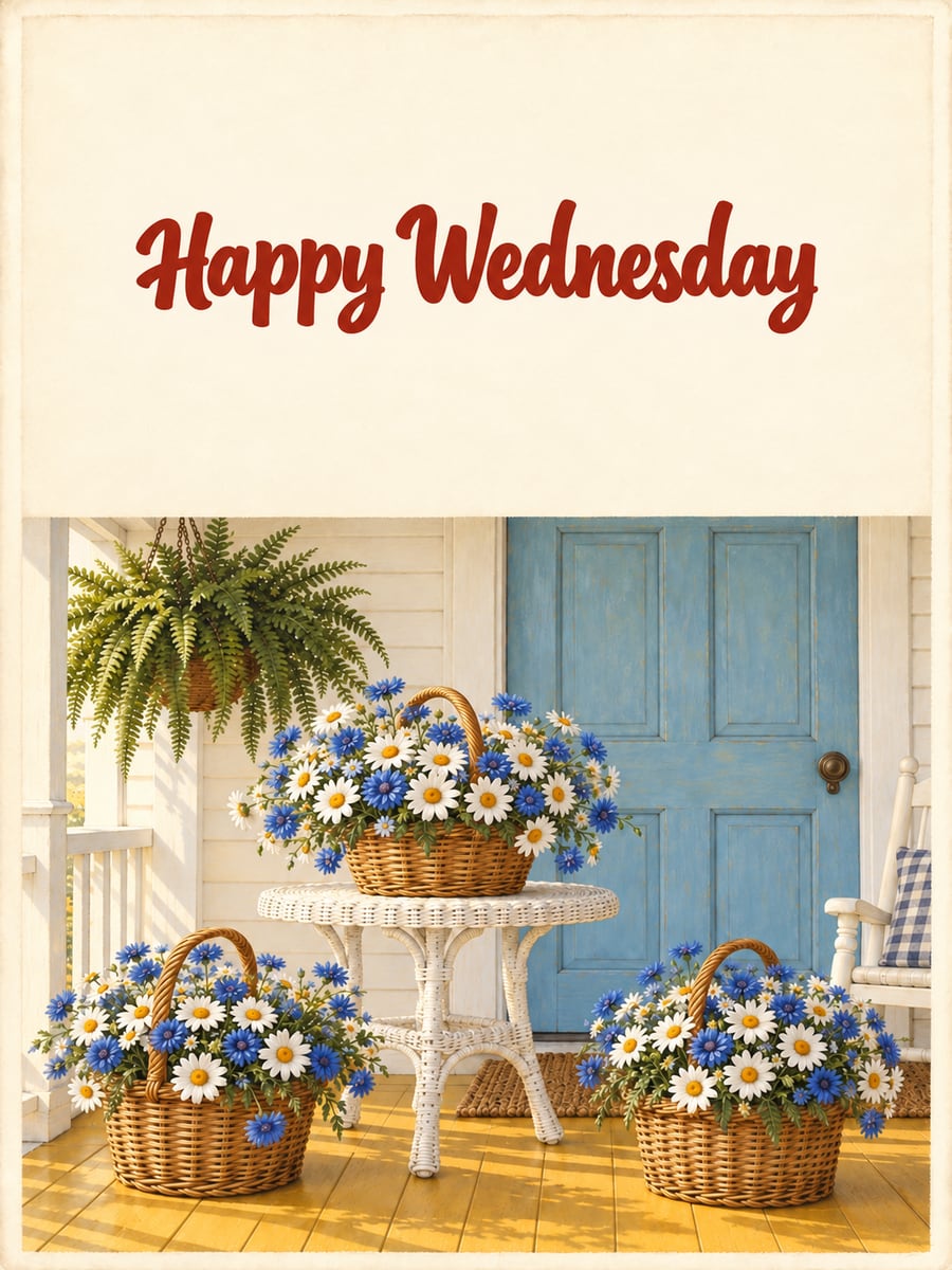 Happy Wednesday greeting image: baskets of daisies and cornflowers on a white wicker table on a farmhouse porch. It says “Happy Wednesday”