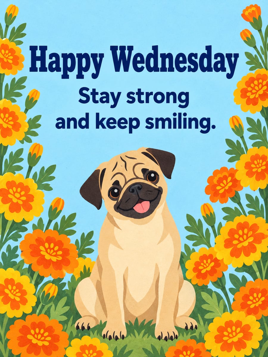 Happy Wednesday greeting image: fawn pug puppy sitting in a bed of marigolds. It says “Happy Wednesday” and “Stay strong and keep smiling.”