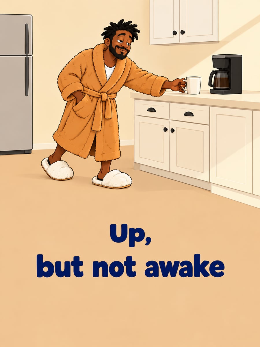 Happy Wednesday greeting image: sleepy man with dark brown skin in a bathrobe shuffling toward a mug of coffee. It says “Up, but not awake”