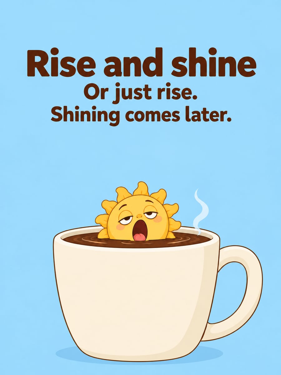 Happy Wednesday greeting image: sleepy cartoon sun yawning over the rim of a giant coffee mug. It says “Rise and shine” and “Or just rise. Shining comes later.”
