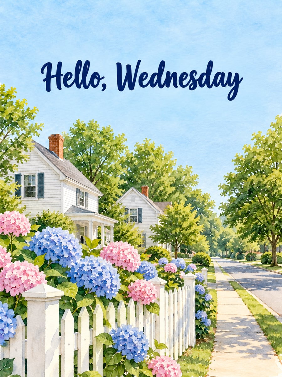 Happy Wednesday greeting image: hydrangeas along a white picket fence on a quiet small-town street under a clear morning sky. It says “Hello, Wednesday”