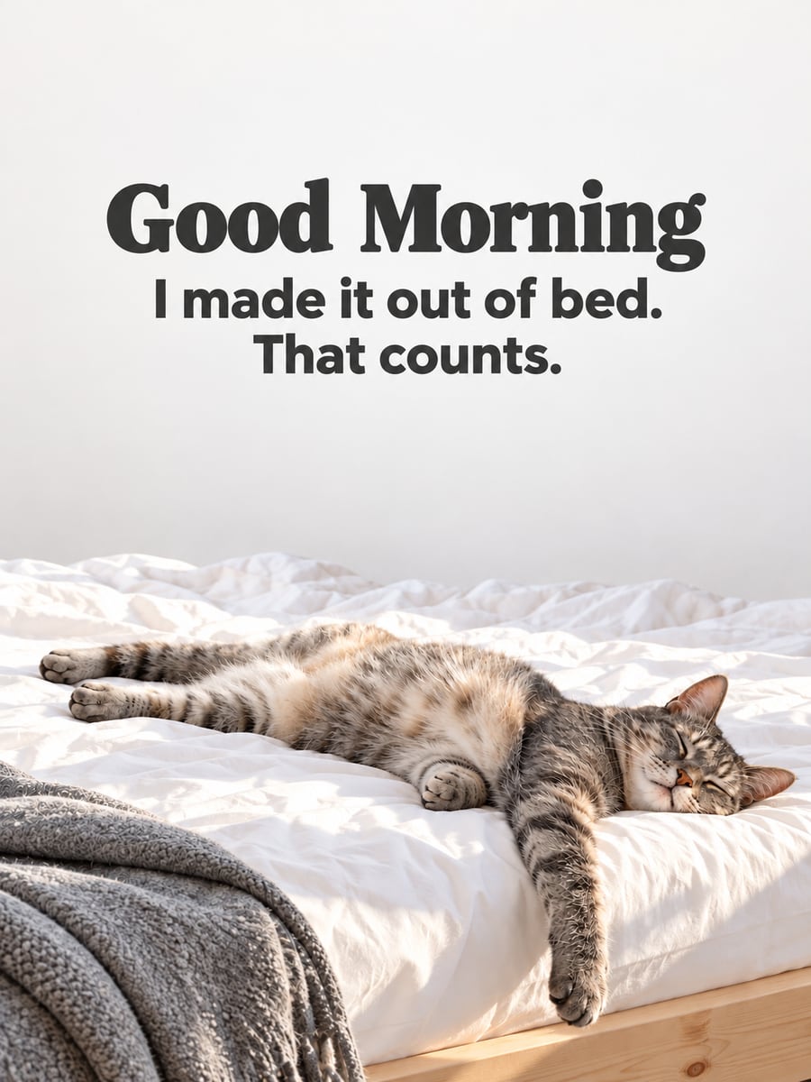 Happy Wednesday greeting image: gray tabby cat sprawled belly-up across a sunny unmade bed. It says “Good Morning” and “I made it out of bed. That counts.”
