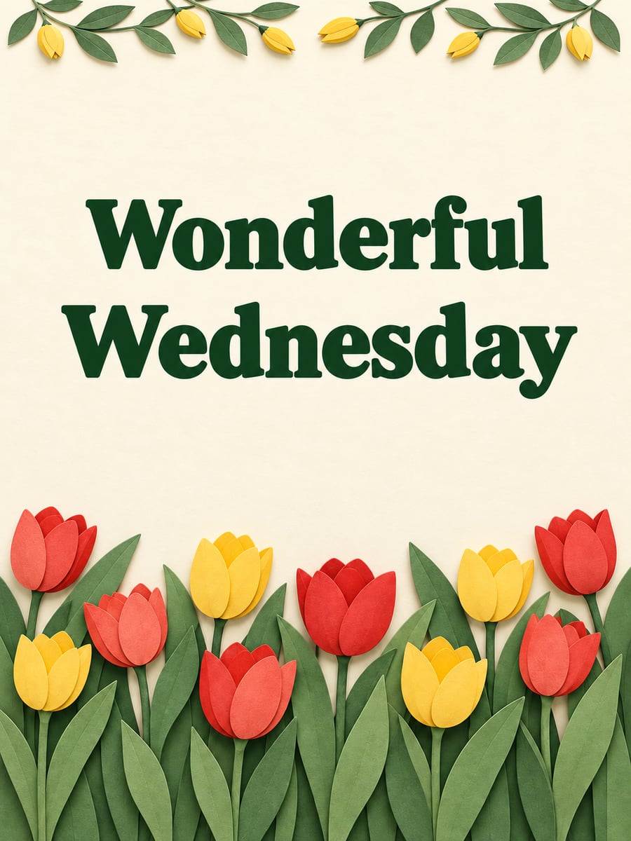 Happy Wednesday greeting image: paper-cut border of red and yellow tulips. It says “Wonderful Wednesday”