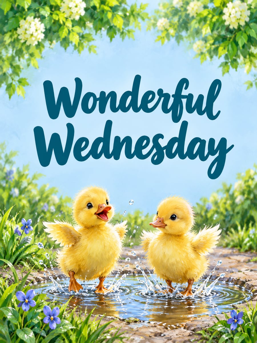 Happy Wednesday greeting image: two fluffy yellow ducklings splashing in a garden puddle. It says “Wonderful Wednesday”