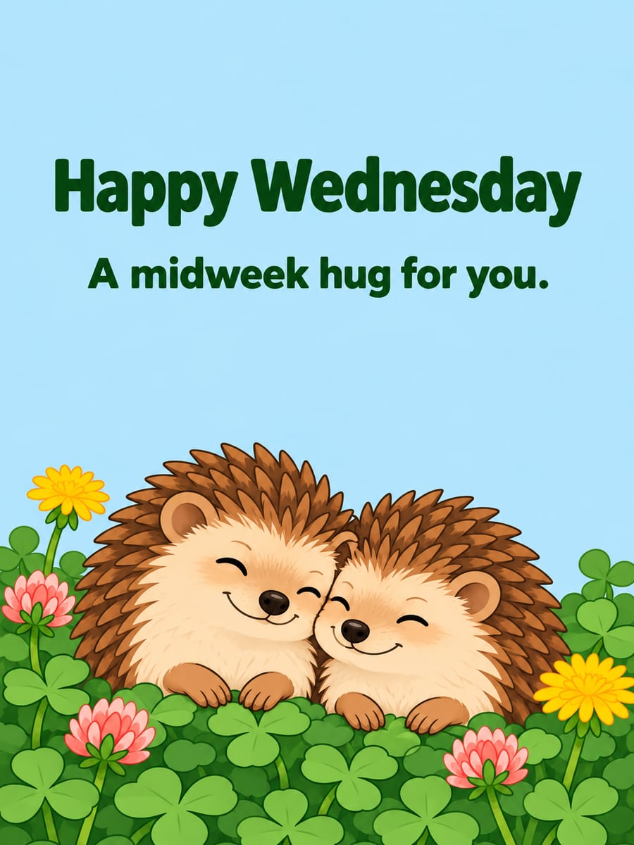 Happy Wednesday greeting image: two brown hedgehogs snuggled side by side in clover. It says “Happy Wednesday” and “A midweek hug for you.”