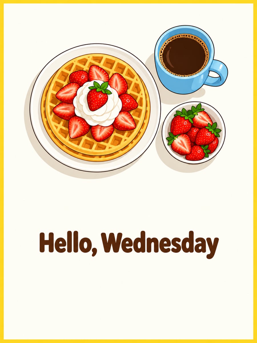 Happy Wednesday greeting image: golden waffles with strawberries and a plain mug of coffee seen from above. It says “Hello, Wednesday”