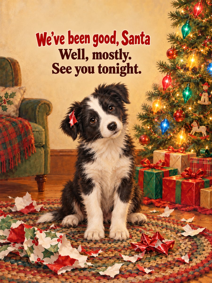 Christmas Eve greeting image: puppy, paper scraps, bow, Christmas tree. It says “We’ve been good, Santa” and “Well, mostly. See you tonight.”