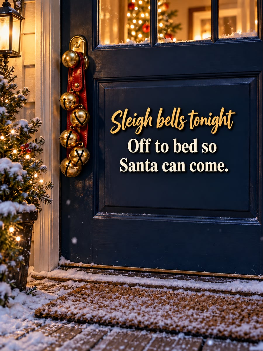 Christmas Eve greeting image: sleigh bells, front door, porch, snow. It says “Sleigh bells tonight” and “Off to bed so Santa can come.”