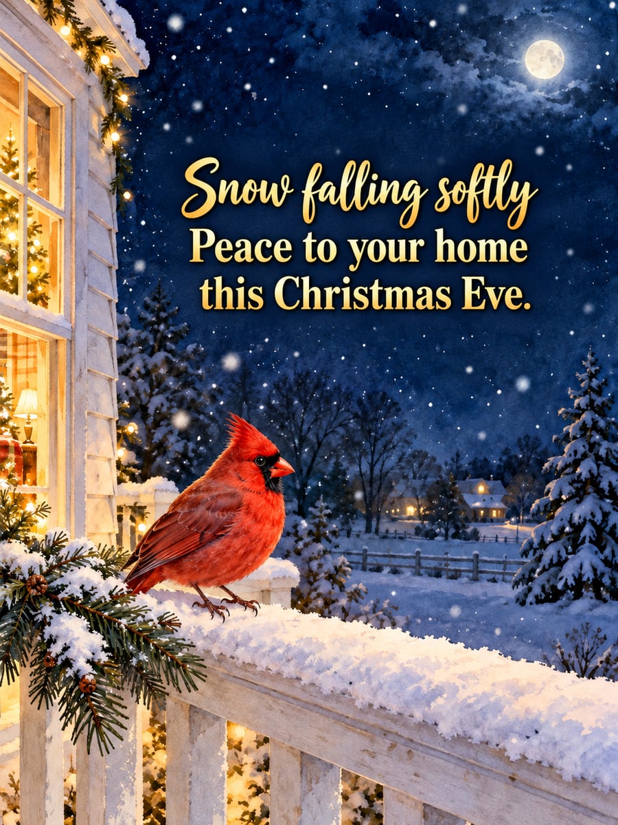Christmas Eve greeting image: cardinal, porch railing, balsam, snowflakes. It says “Snow falling softly” and “Peace to your home this Christmas Eve.”