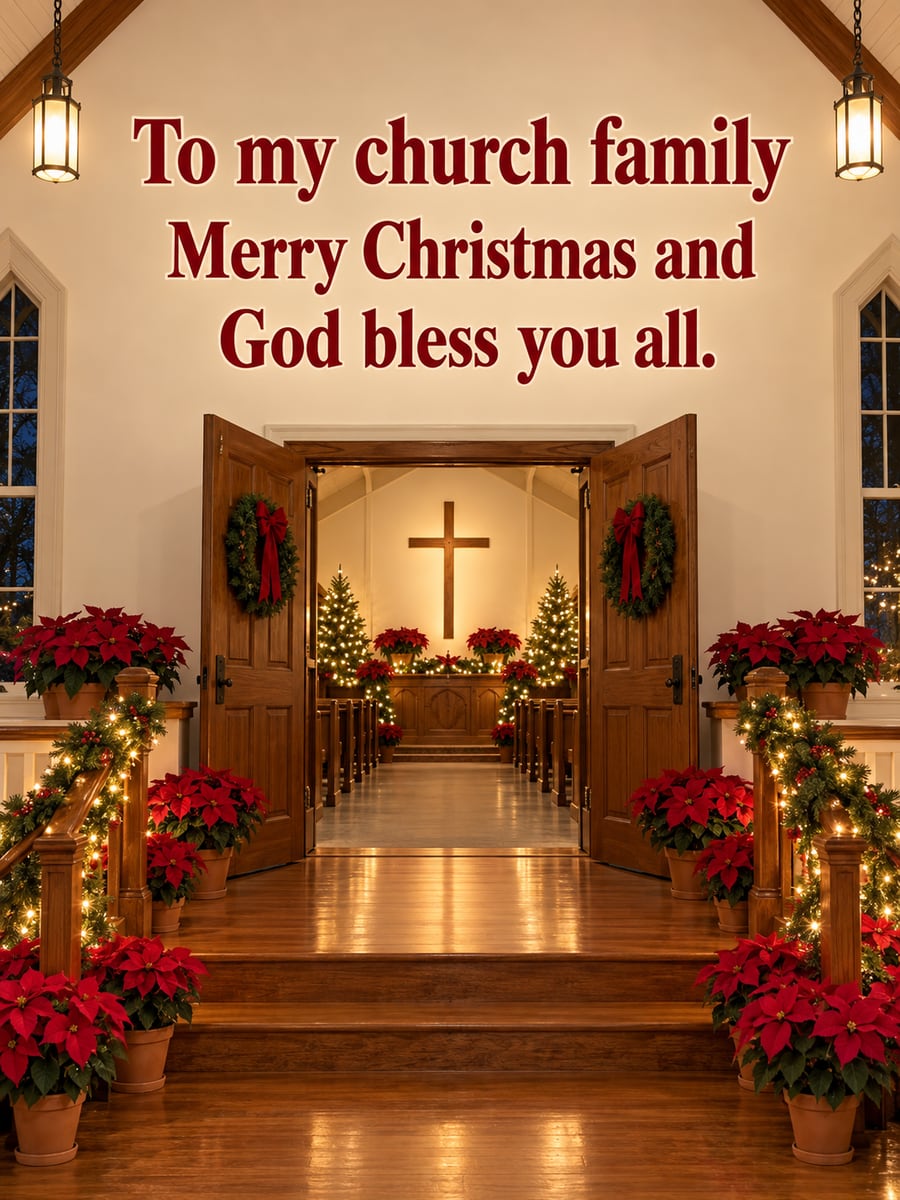 Christmas Eve greeting image: poinsettias, church hall, garland, railings. It says “To my church family” and “Merry Christmas and God bless you all.”