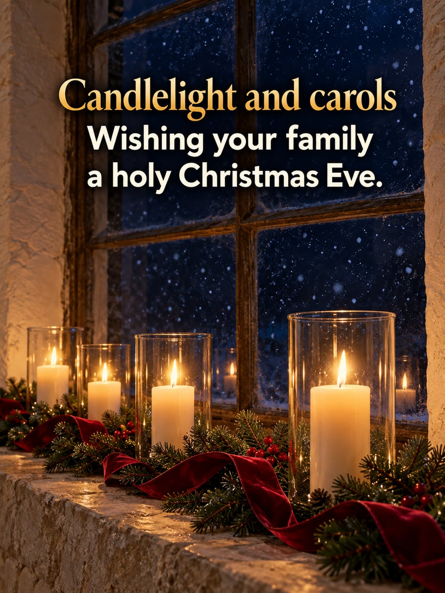 Christmas Eve greeting image: candles, windowsill, evergreen, church. It says “Candlelight and carols” and “Wishing your family a holy Christmas Eve.”