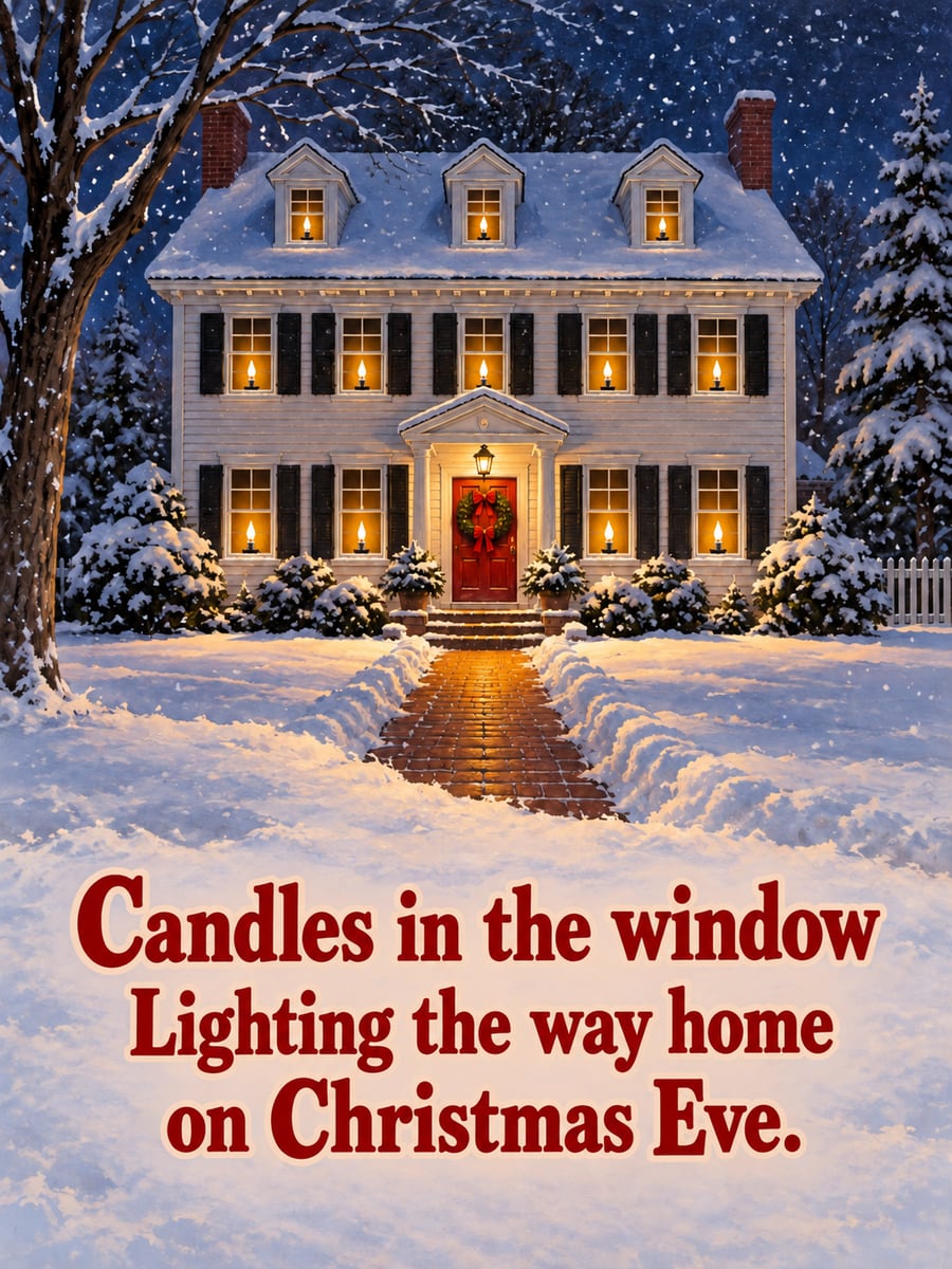 Christmas Eve greeting image: colonial house, window candles, wreath, snow. It says “Candles in the window” and “Lighting the way home on Christmas Eve.”