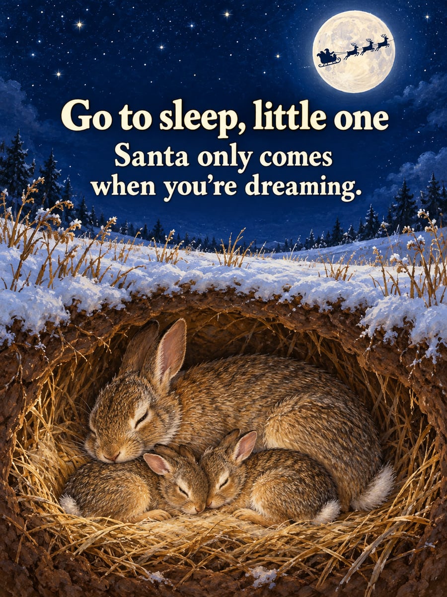 Christmas Eve greeting image: rabbits, burrow, moon, meadow. It says “Go to sleep, little one” and “Santa only comes when you’re dreaming.”