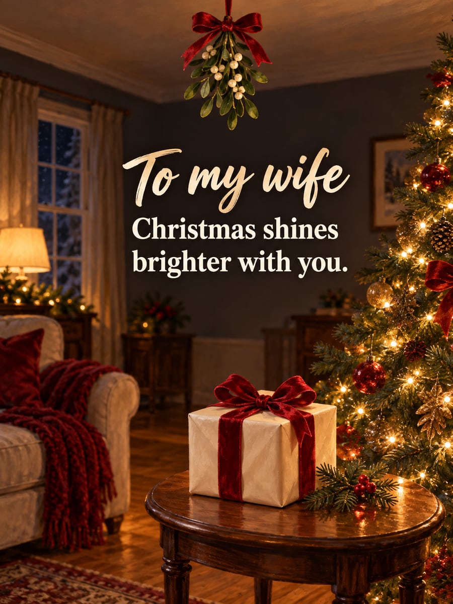 Christmas Eve greeting image: gift, velvet bow, mistletoe, tree. It says “To my wife” and “Christmas shines brighter with you.”