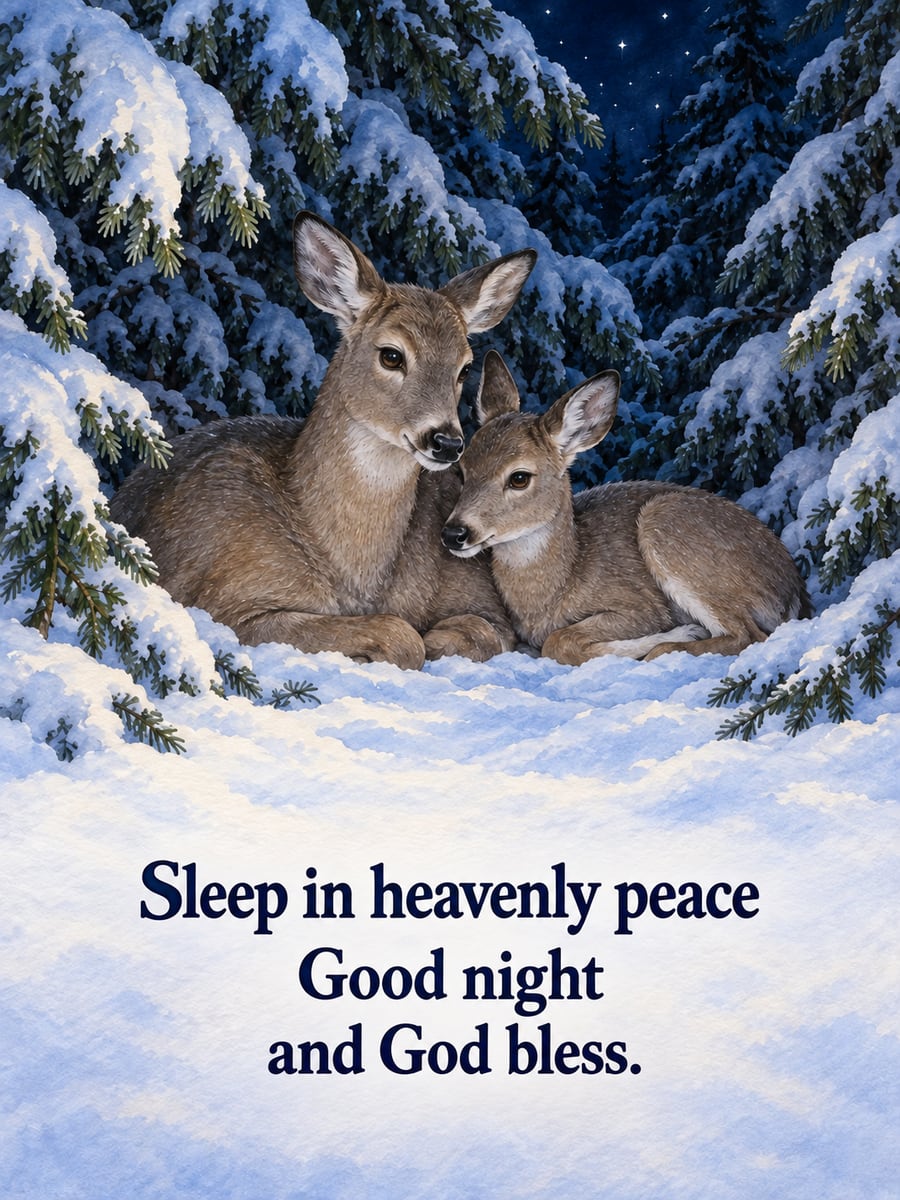 Christmas Eve greeting image: deer, spruce, snow, stars. It says “Sleep in heavenly peace” and “Good night and God bless.”