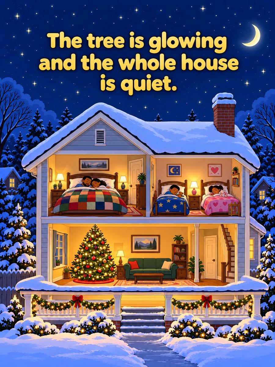Christmas Eve greeting image: house, tree, beds, snowy roof. It says “The tree is glowing” and “and the whole house is quiet.”