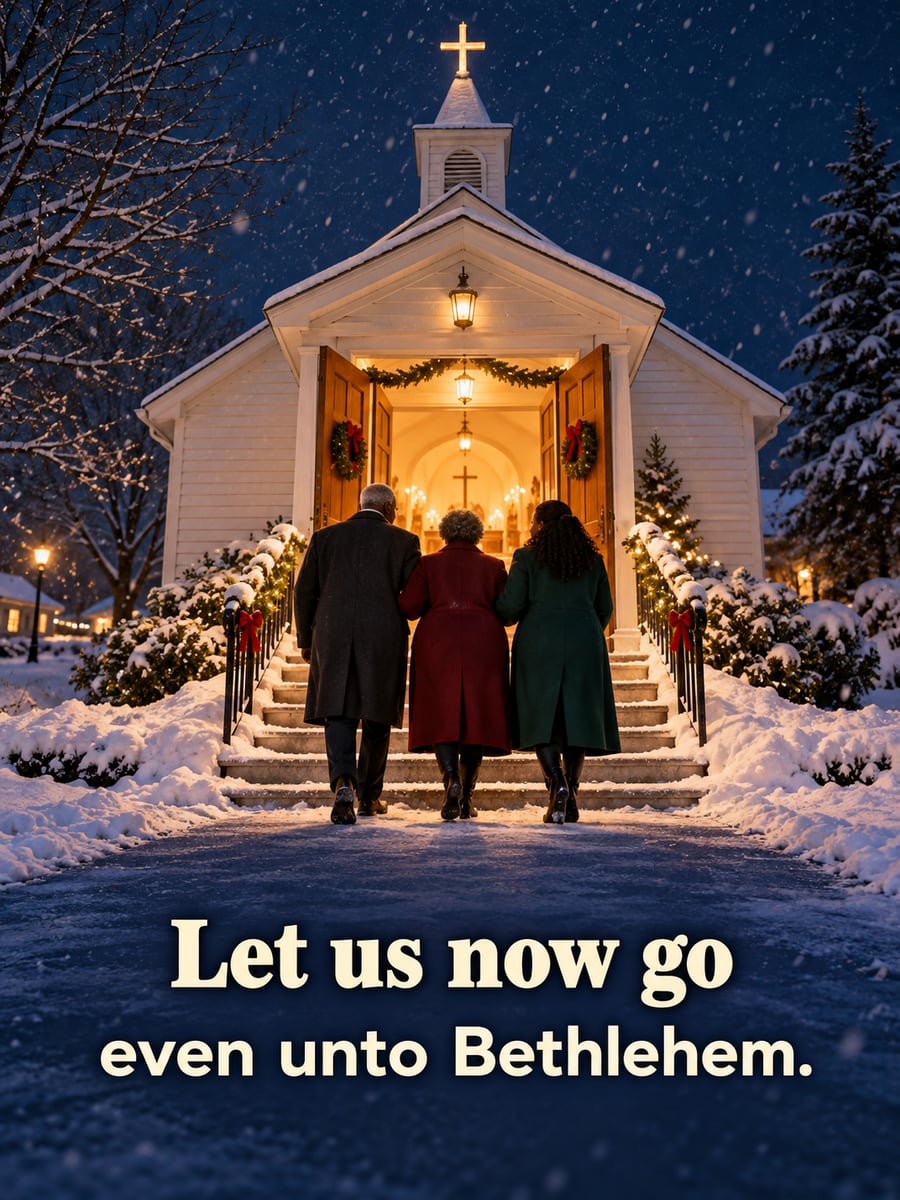 Christmas Eve greeting image: church, family, snowy steps. It says “Let us now go” and “even unto Bethlehem.”