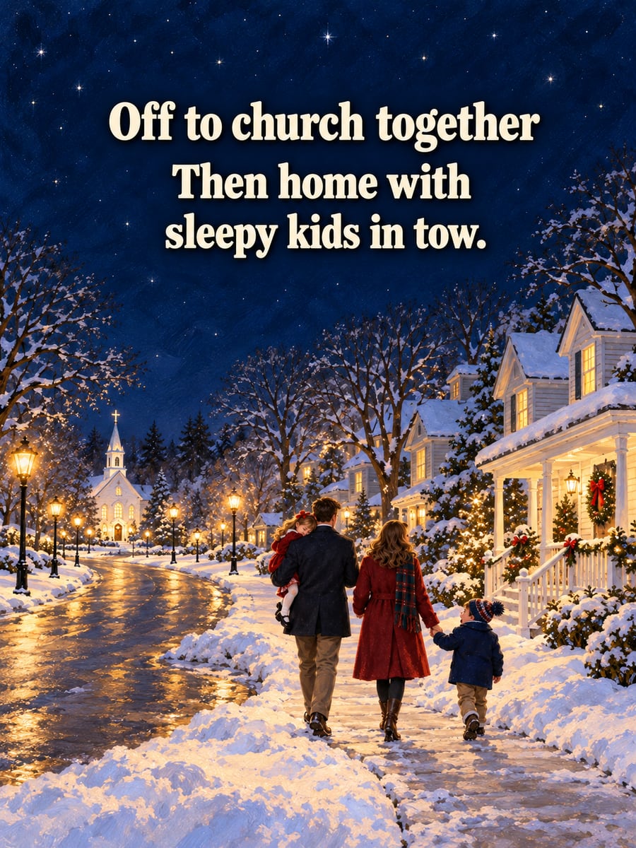 Christmas Eve greeting image: family, sidewalk, church, streetlamps. It says “Off to church together” and “Then home with sleepy kids in tow.”