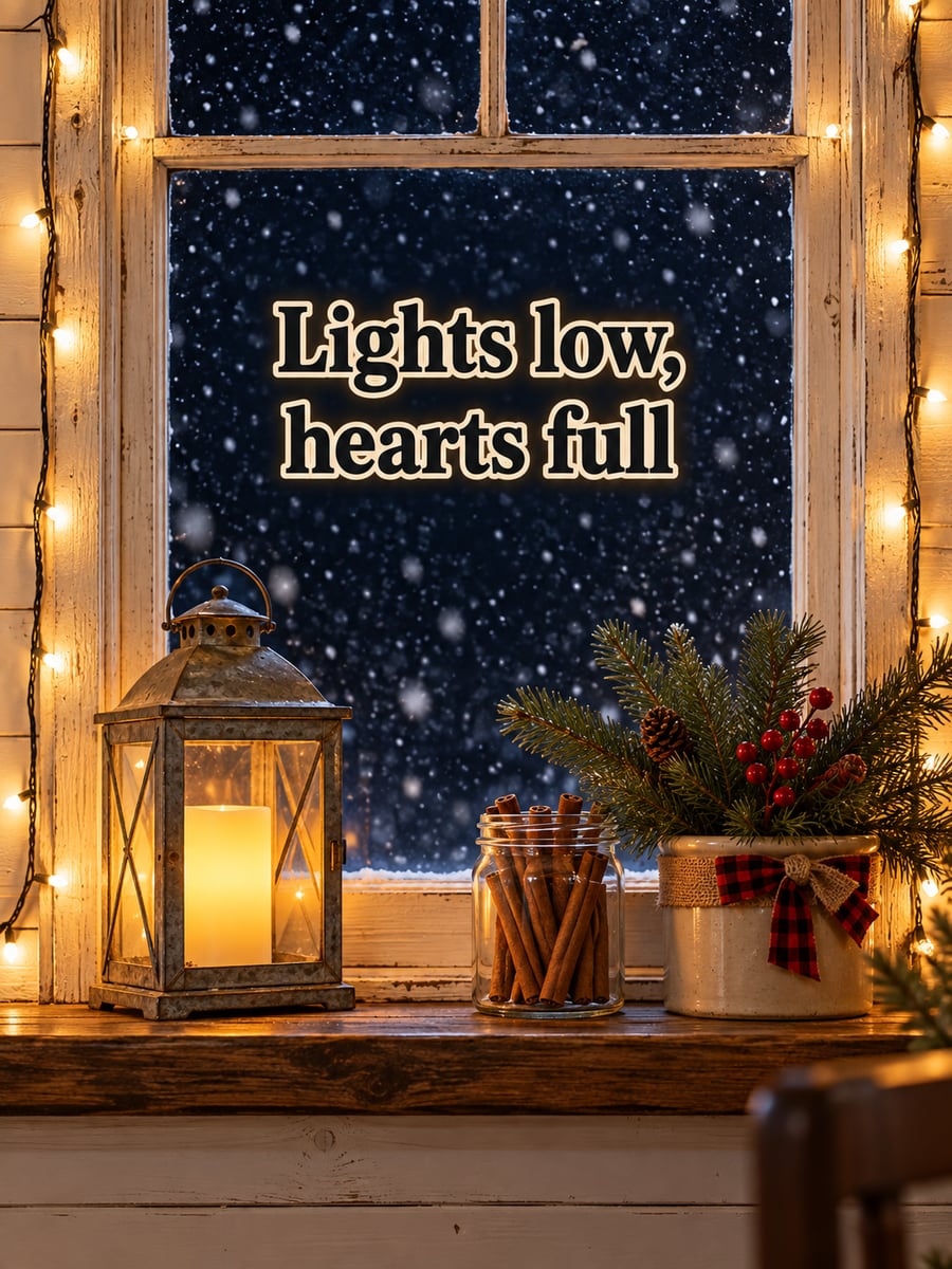 Christmas Eve greeting image: kitchen window, string lights, lantern, cinnamon sticks. It says “Lights low, hearts full”