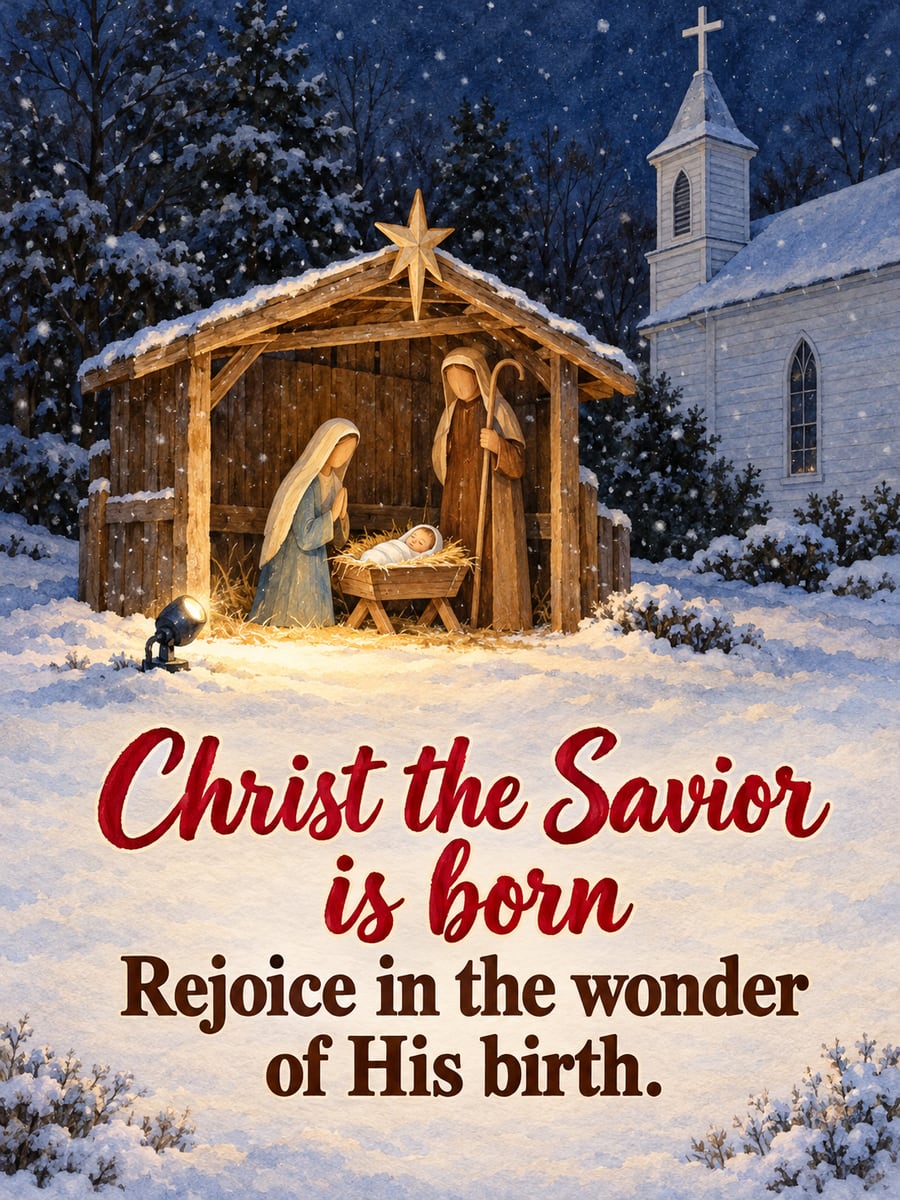 Christmas Eve greeting image: nativity, stable, church lawn, snow. It says “Christ the Savior is born” and “Rejoice in the wonder of His birth.”