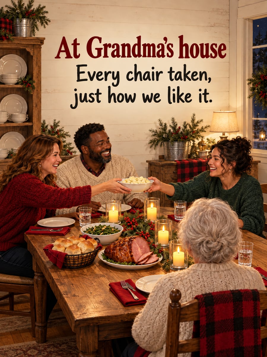 Christmas Eve greeting image: dining table, family, ham, dinner rolls. It says “At Grandma’s house” and “Every chair taken, just how we like it.”