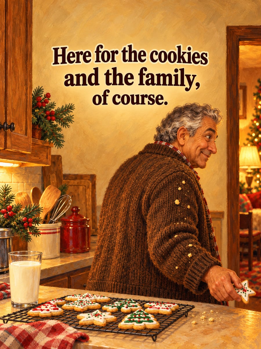 Christmas Eve greeting image: grandfather, cookies, kitchen, cooling rack. It says “Here for the cookies” and “and the family, of course.”