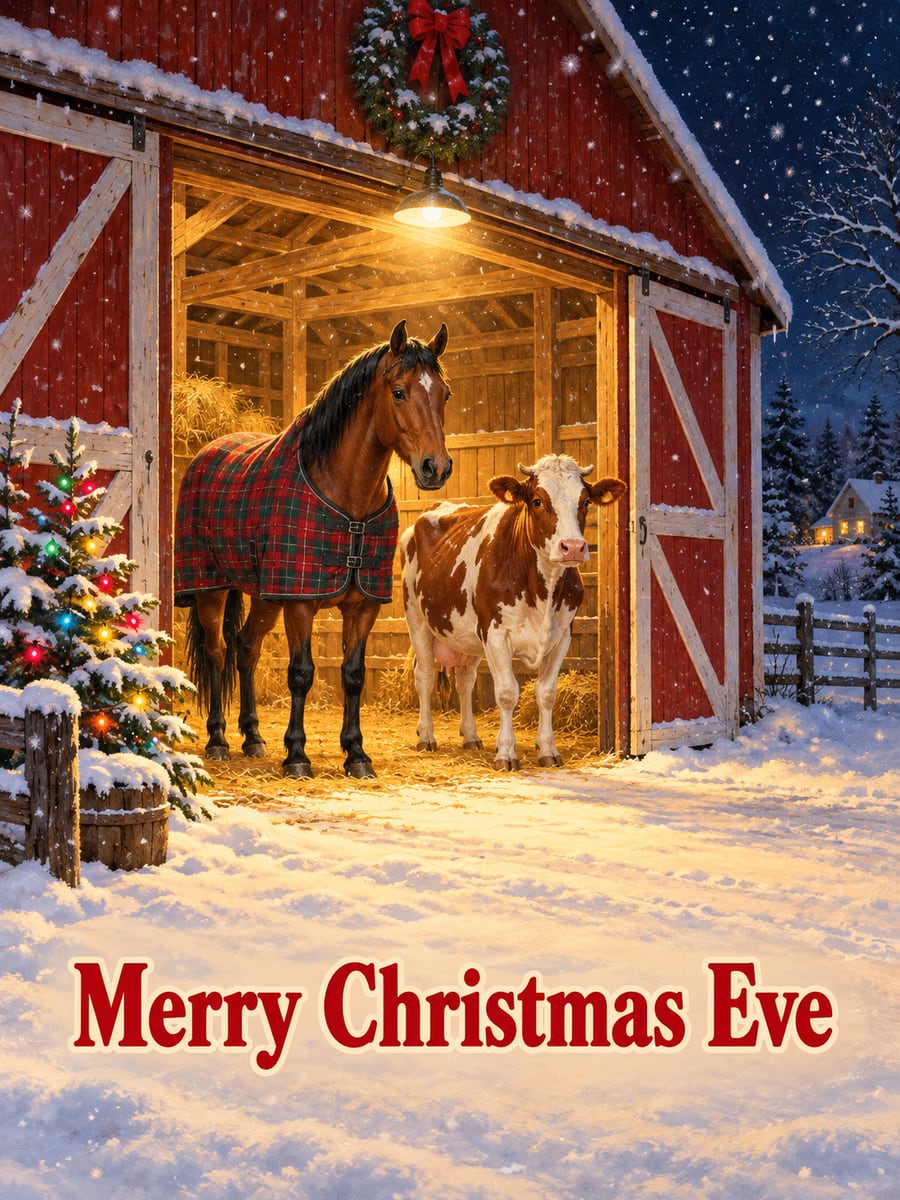 Christmas Eve greeting image: red barn, horse, cow, snow. It says “Merry Christmas Eve”