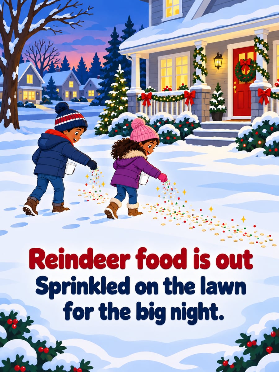 Christmas Eve greeting image: children, reindeer food, front lawn, house. It says “Reindeer food is out” and “Sprinkled on the lawn for the big night.”