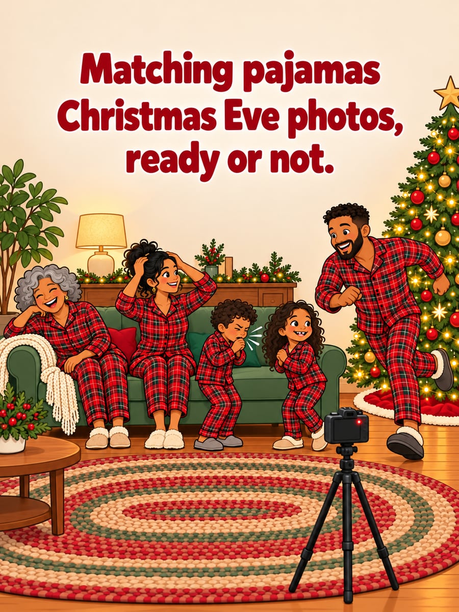 Christmas Eve greeting image: family, pajamas, tree, tripod. It says “Matching pajamas” and “Christmas Eve photos, ready or not.”