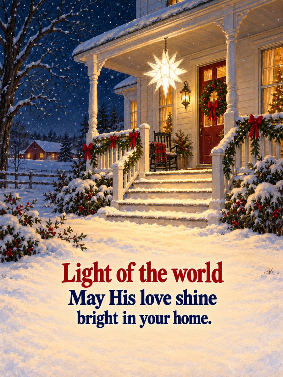 Christmas Eve greeting image: star lamp, porch, farmhouse, garland. It says “Light of the world” and “May His love shine bright in your home.”
