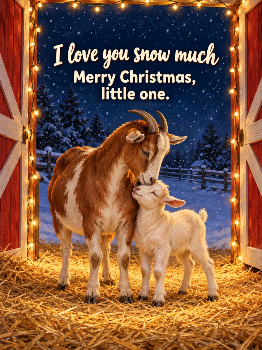 Christmas Eve greeting image: goats, barn door, straw, string lights. It says “I love you snow much” and “Merry Christmas, little one.”
