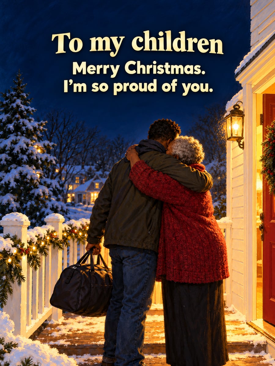 Christmas Eve greeting image: mother, son, porch, duffel bag. It says “To my children” and “Merry Christmas. I’m so proud of you.”