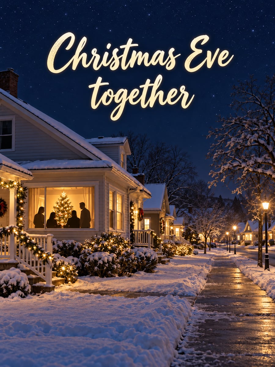 Christmas Eve greeting image: houses, window, silhouettes, snow. It says “Christmas Eve together”