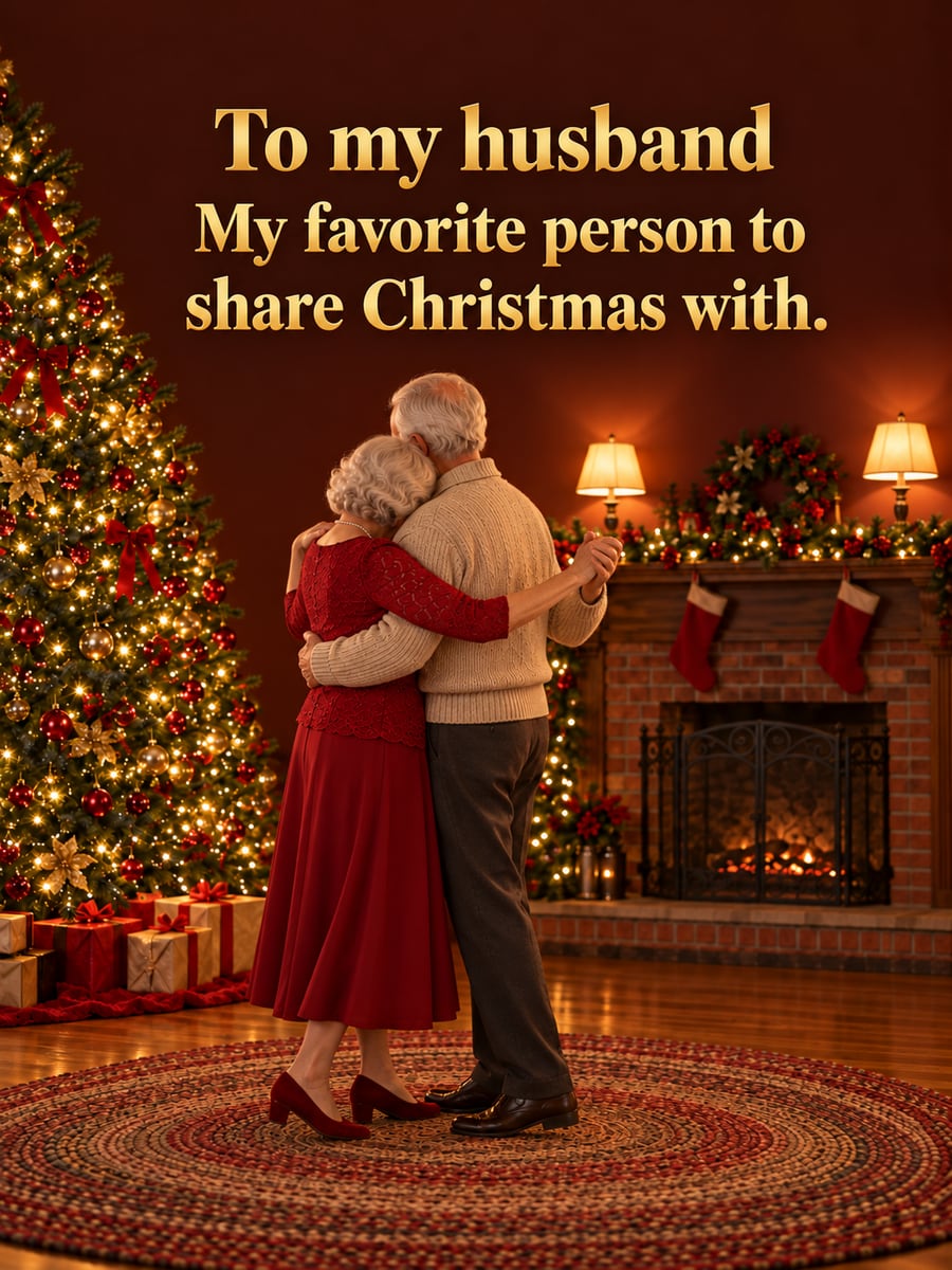 Christmas Eve greeting image: couple, dance, Christmas tree, living room. It says “To my husband” and “My favorite person to share Christmas with.”