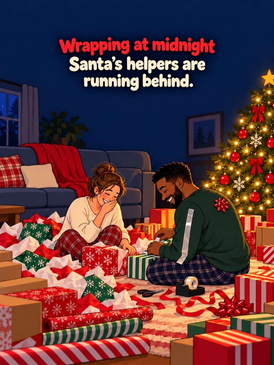 Christmas Eve greeting image: parents, wrapping paper, gift boxes, Christmas tree. It says “Wrapping at midnight” and “Santa’s helpers are running behind.”