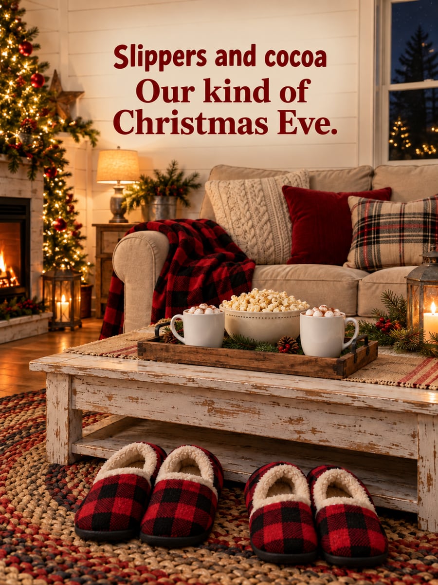 Christmas Eve greeting image: slippers, cocoa mugs, popcorn, braided rug. It says “Slippers and cocoa” and “Our kind of Christmas Eve.”