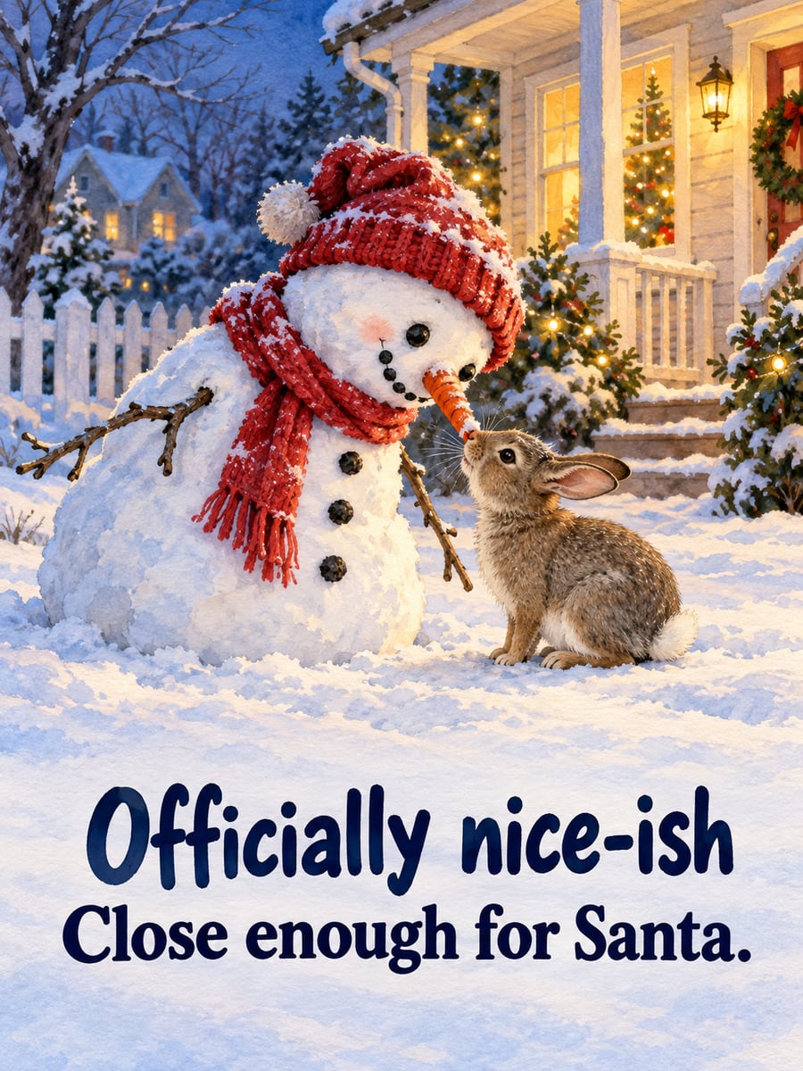 Christmas Eve greeting image: snowman, rabbit, carrot, front yard. It says “Officially nice-ish” and “Close enough for Santa.”