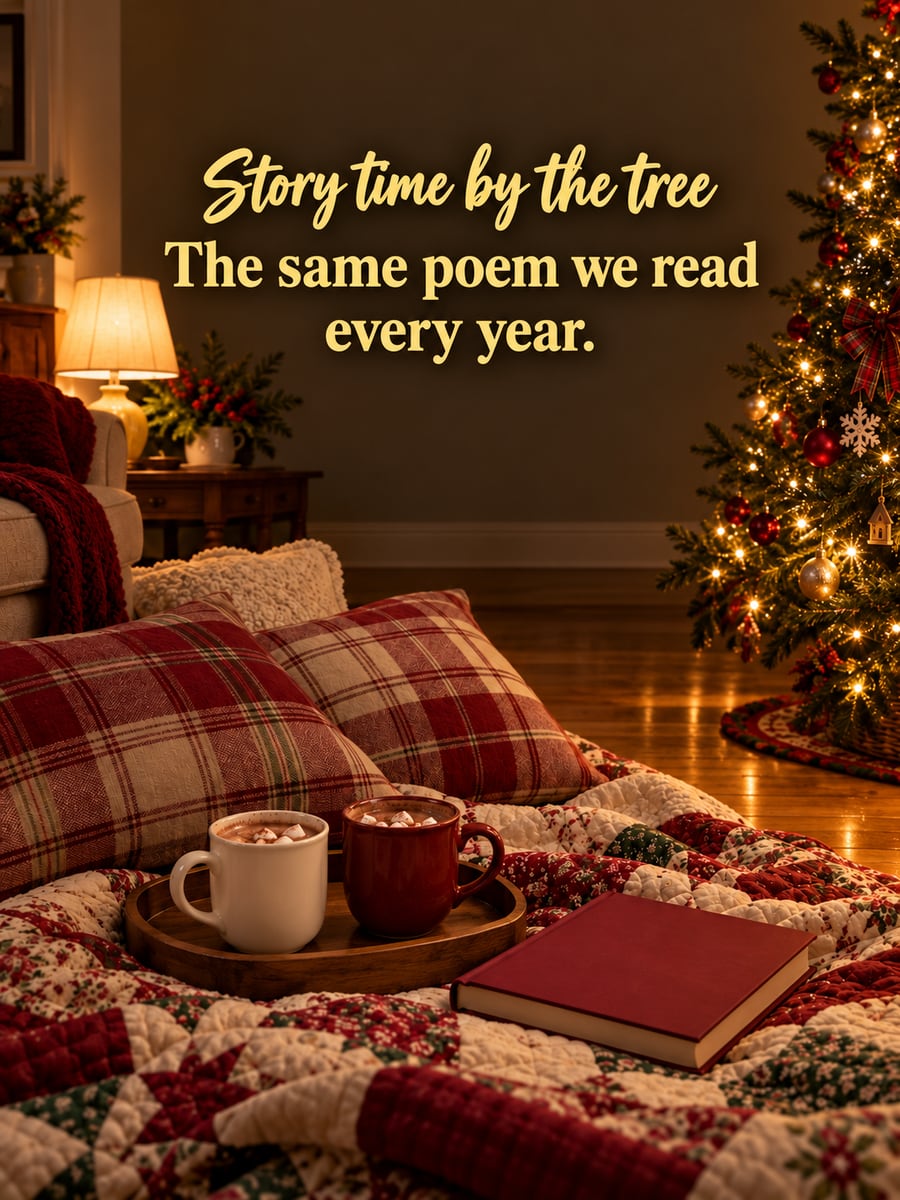 Christmas Eve greeting image: storybook, floor pillows, quilt, tree. It says “Story time by the tree” and “The same poem we read every year.”