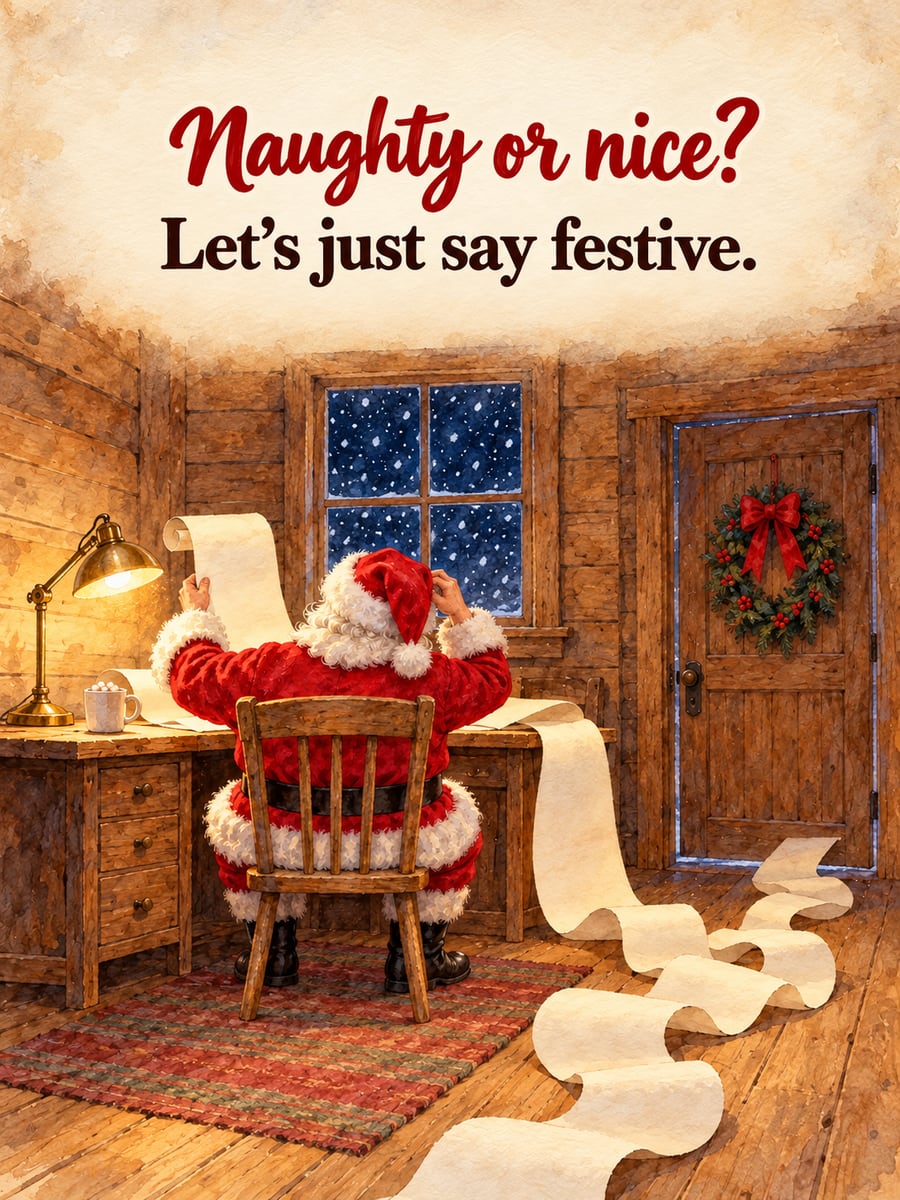 Christmas Eve greeting image: Santa, list, desk, lamp. It says “Naughty or nice?” and “Let’s just say festive.”