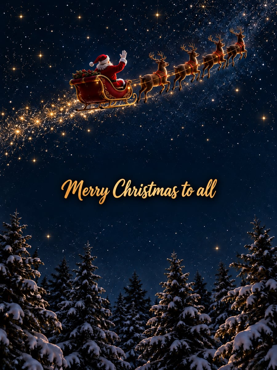 Christmas Eve greeting image: Santa, sleigh, reindeer, night sky. It says “Merry Christmas to all”