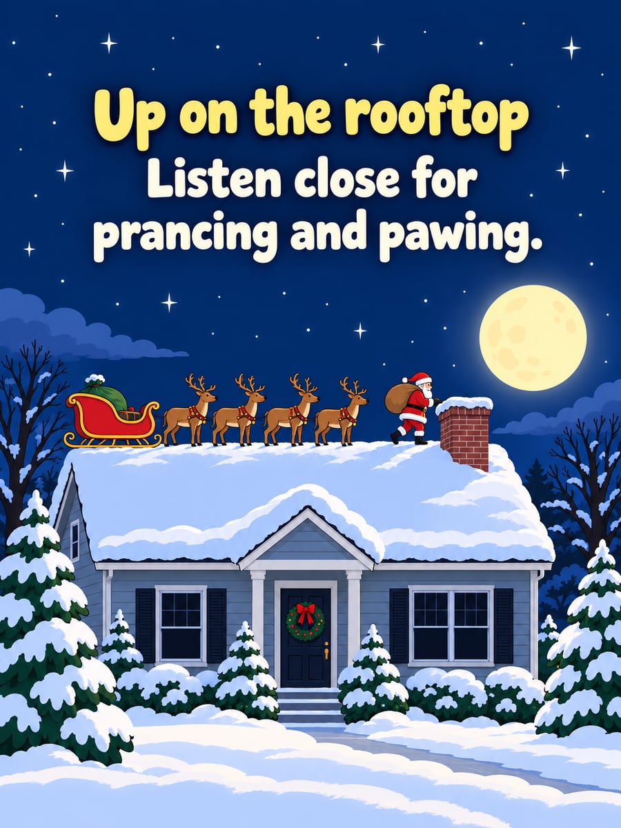 Christmas Eve greeting image: Santa, roof, reindeer, sleigh, moon. It says “Up on the rooftop” and “Listen close for prancing and pawing.”