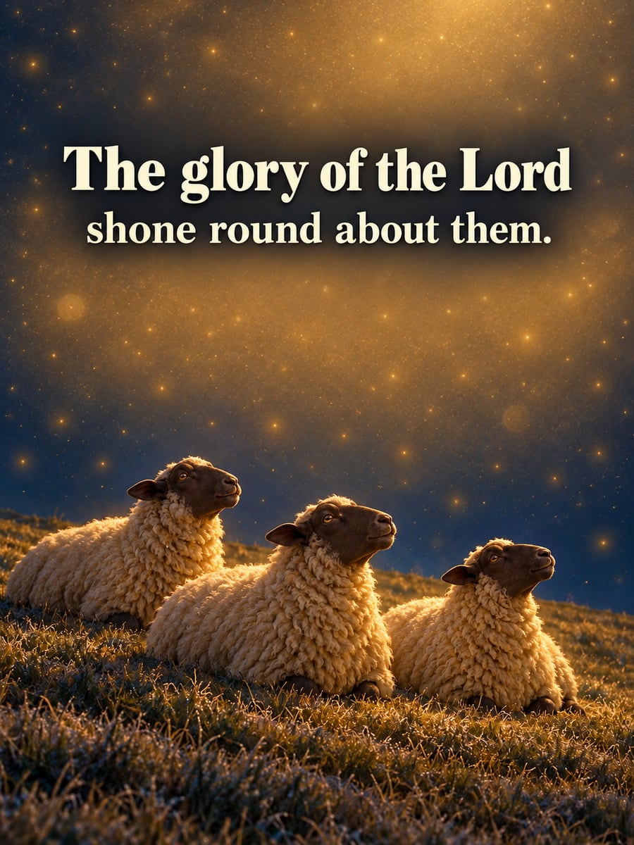 Christmas Eve greeting image: sheep, hillside, golden sky. It says “The glory of the Lord” and “shone round about them.”