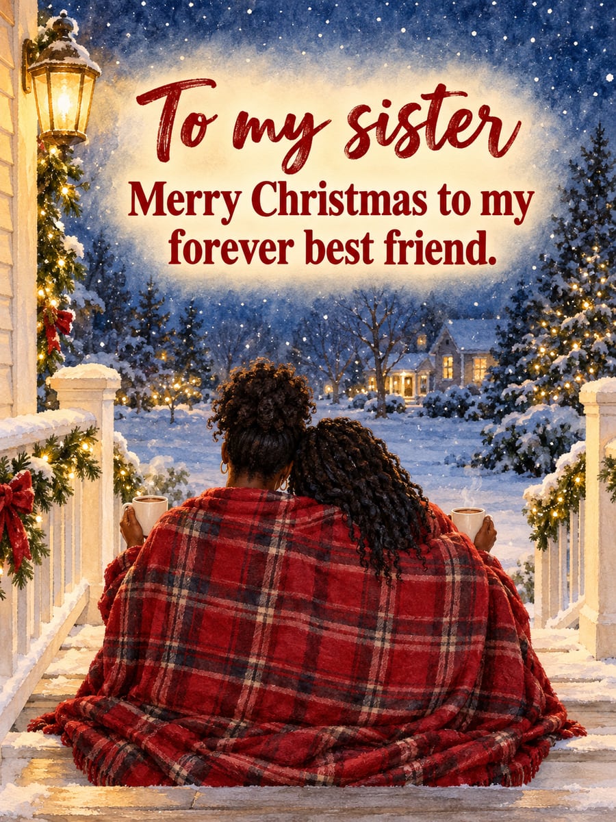 Christmas Eve greeting image: sisters, porch steps, blanket, cocoa mugs. It says “To my sister” and “Merry Christmas to my forever best friend.”