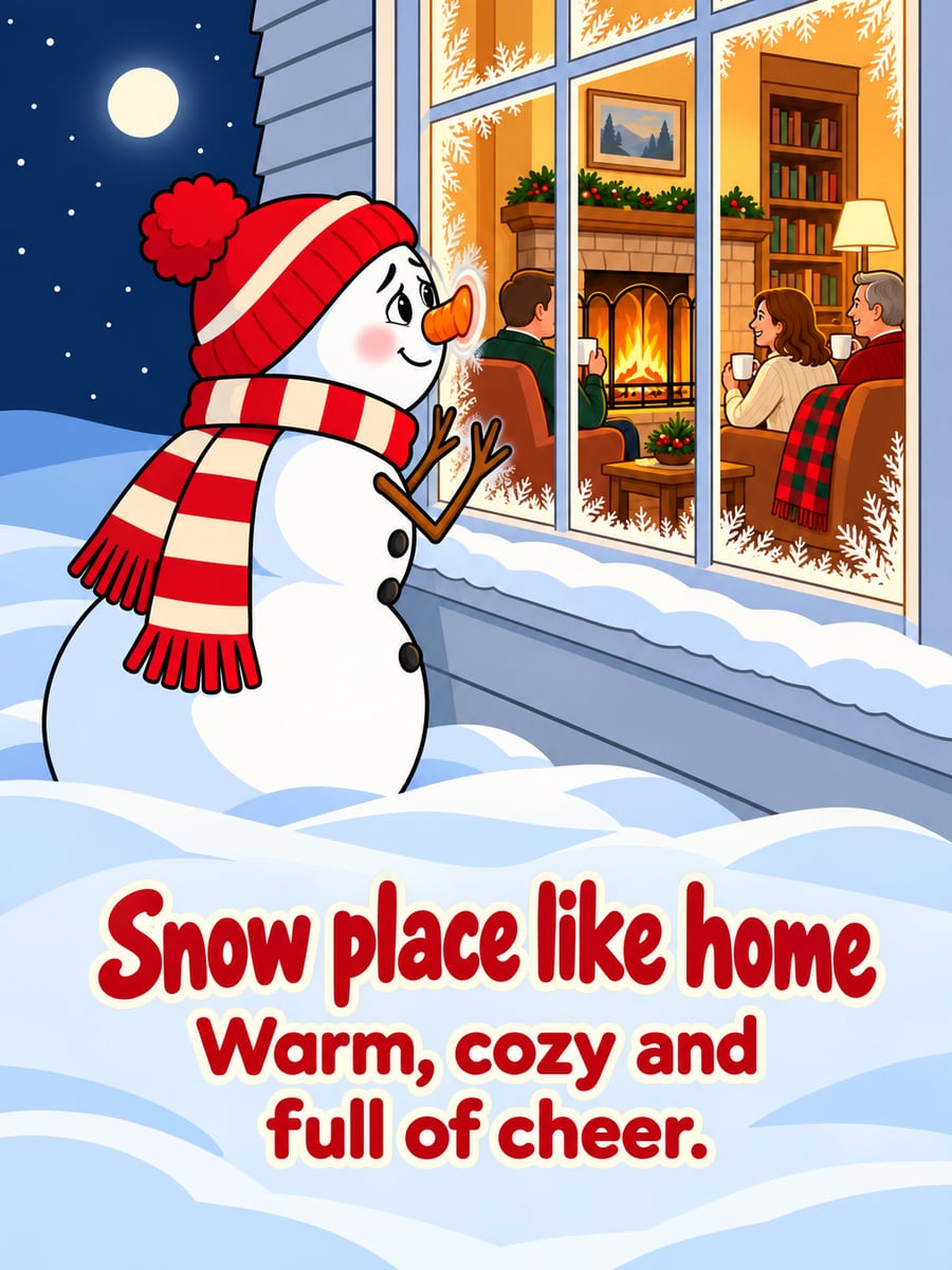 Christmas Eve greeting image: snowman, window, living room, fireplace. It says “Snow place like home” and “Warm, cozy and full of cheer.”