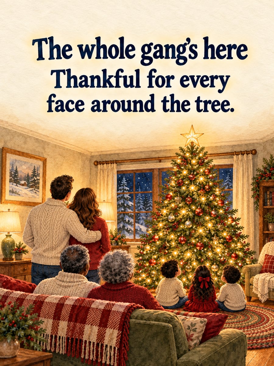 Christmas Eve greeting image: family, tree, sofa, star. It says “The whole gang’s here” and “Thankful for every face around the tree.”